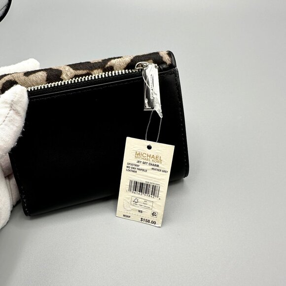 Michael Kors Black Leather Leopard Print Heather Grey Calf Hair Trifold Wallet - Picture 5 of 16